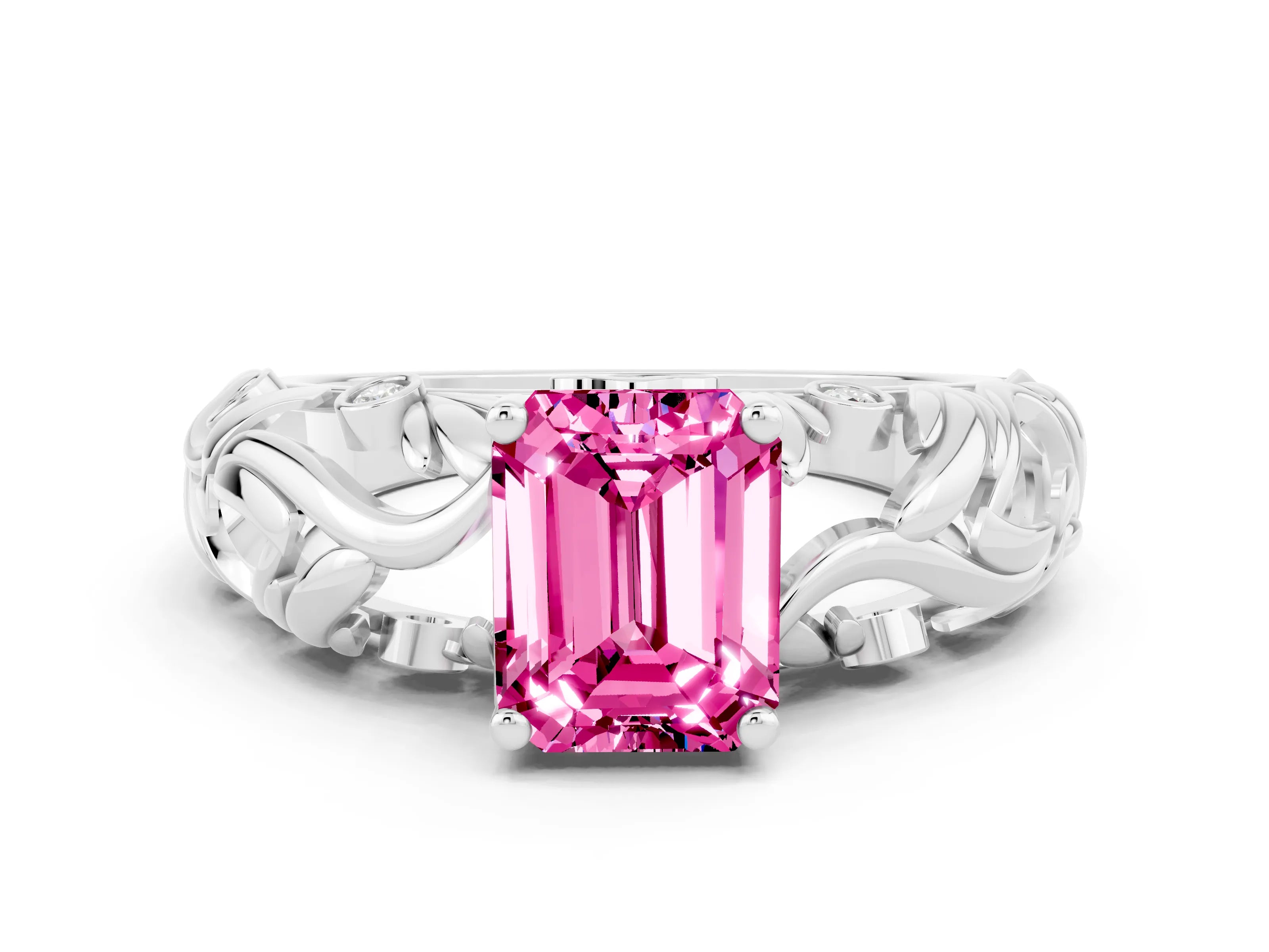White gold Emerald Cut Solitaire Pink Sapphire Leaf-Inspired Vine Band Ring with Prong Setting_24