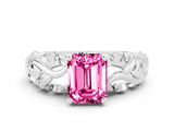White gold Emerald Cut Solitaire Pink Sapphire Leaf-Inspired Vine Band Ring with Prong Setting_24