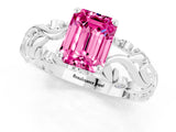 White gold Emerald Cut Solitaire Pink Sapphire Leaf-Inspired Vine Band Ring with Prong Setting_25