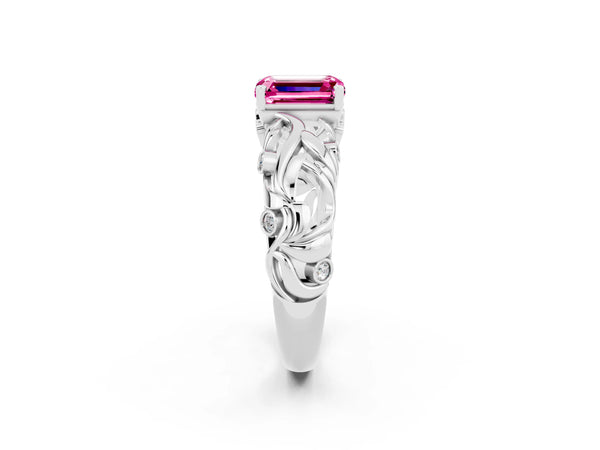 Platinum Emerald Cut Solitaire Pink Sapphire Leaf-Inspired Vine Band Ring with Prong Setting