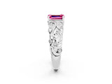 White gold Emerald Cut Solitaire Pink Sapphire Leaf-Inspired Vine Band Ring with Prong Setting_26