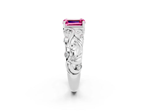 White gold Emerald Cut Solitaire Pink Sapphire Leaf-Inspired Vine Band Ring with Prong Setting_26
