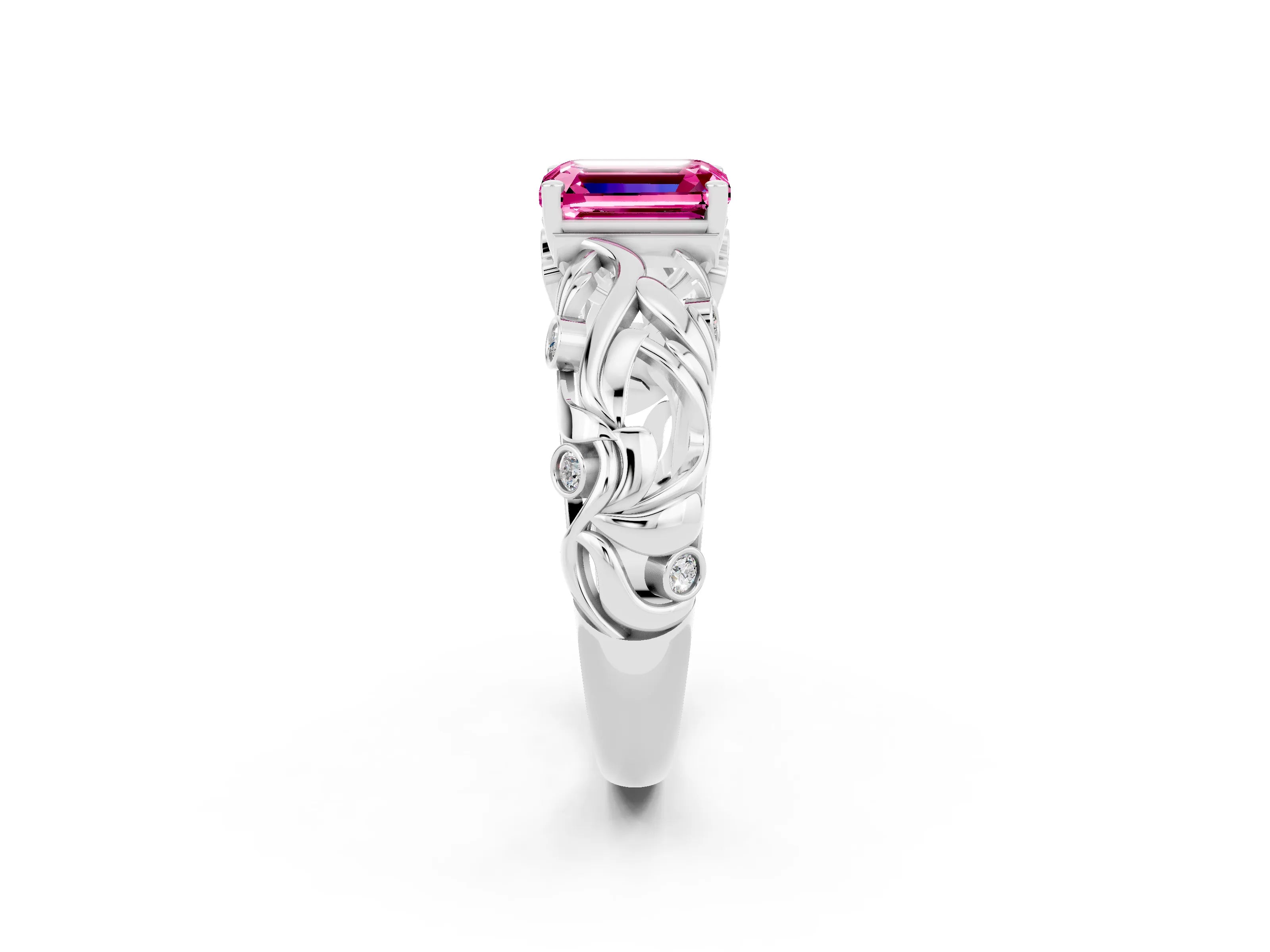 White gold Emerald Cut Solitaire Pink Sapphire Leaf-Inspired Vine Band Ring with Prong Setting_26