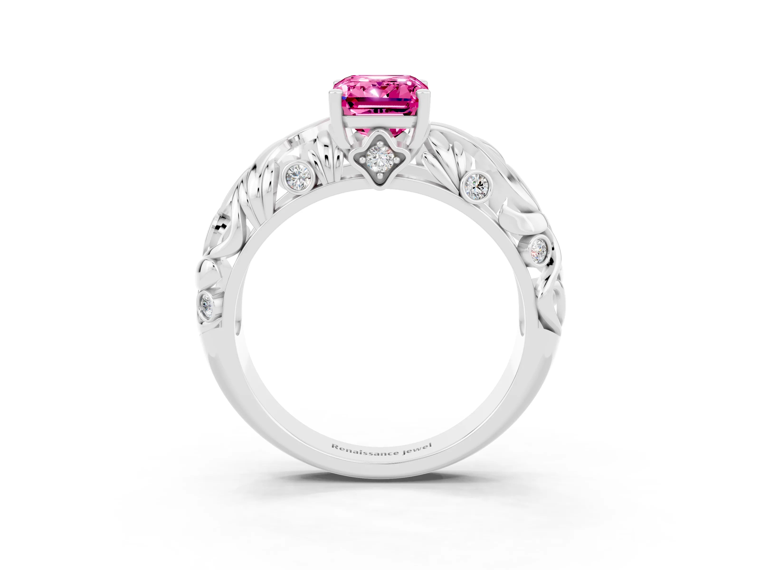 White gold Emerald Cut Solitaire Pink Sapphire Leaf-Inspired Vine Band Ring with Prong Setting_27
