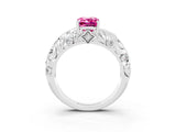 White gold Emerald Cut Solitaire Pink Sapphire Leaf-Inspired Vine Band Ring with Prong Setting_27