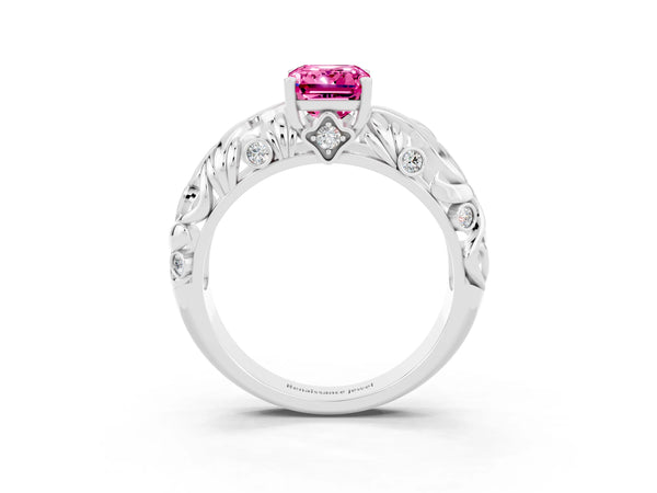 Silver Emerald Cut Solitaire Pink Sapphire Leaf-Inspired Vine Band Ring with Prong Setting