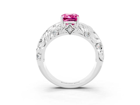 White gold Emerald Cut Solitaire Pink Sapphire Leaf-Inspired Vine Band Ring with Prong Setting_27