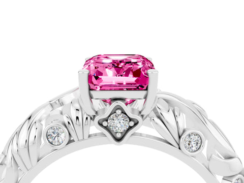 White gold Emerald Cut Solitaire Pink Sapphire Leaf-Inspired Vine Band Ring with Prong Setting_28