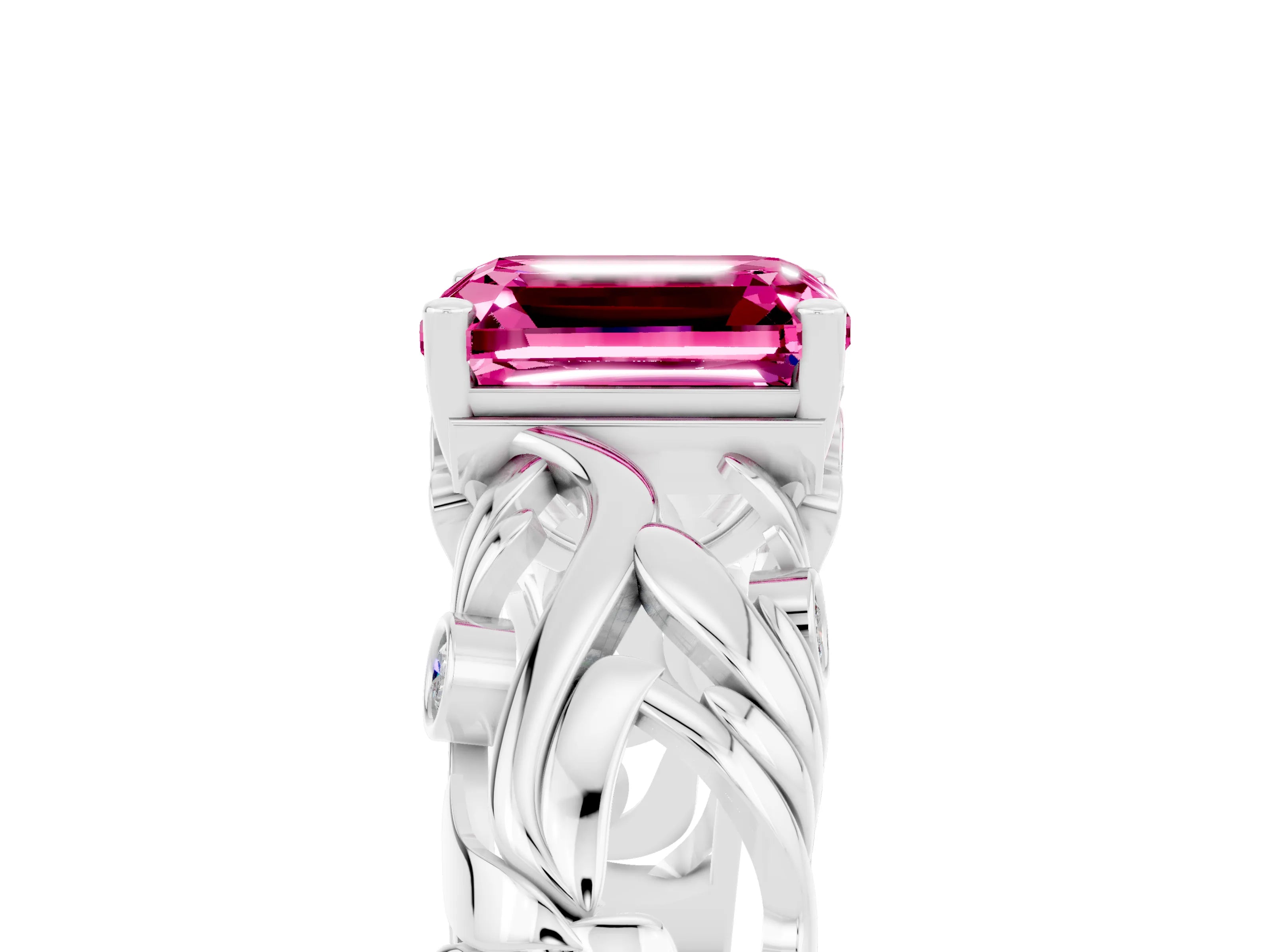 White gold Emerald Cut Solitaire Pink Sapphire Leaf-Inspired Vine Band Ring with Prong Setting_29