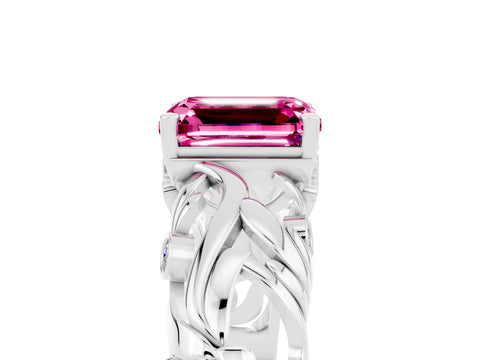 White gold Emerald Cut Solitaire Pink Sapphire Leaf-Inspired Vine Band Ring with Prong Setting_29