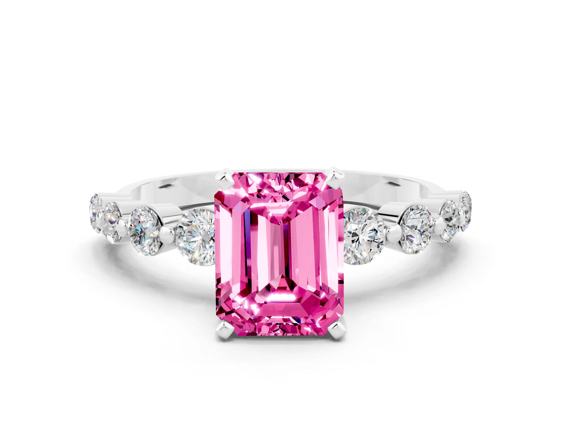 White gold Emerald Cut Solitaire Pink Sapphire Ring with Pave Band and Four-Prong Setting_24