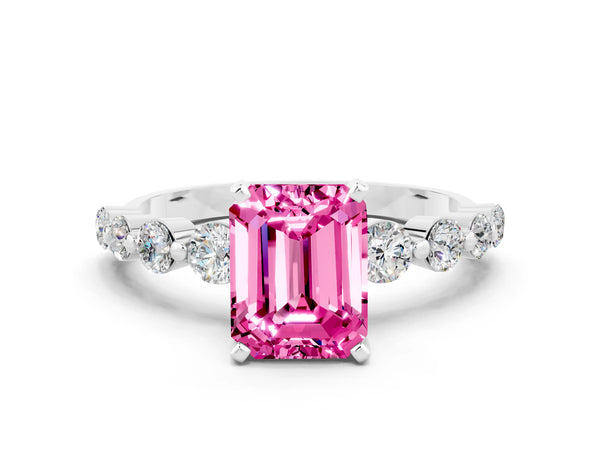 White gold Emerald Cut Solitaire Pink Sapphire Ring with Pave Band and Four-Prong Setting