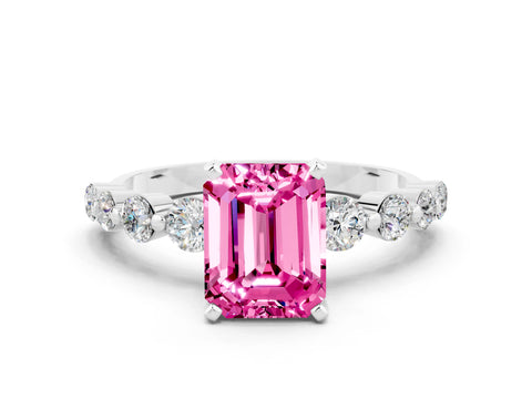White gold Emerald Cut Solitaire Pink Sapphire Ring with Pave Band and Four-Prong Setting_24