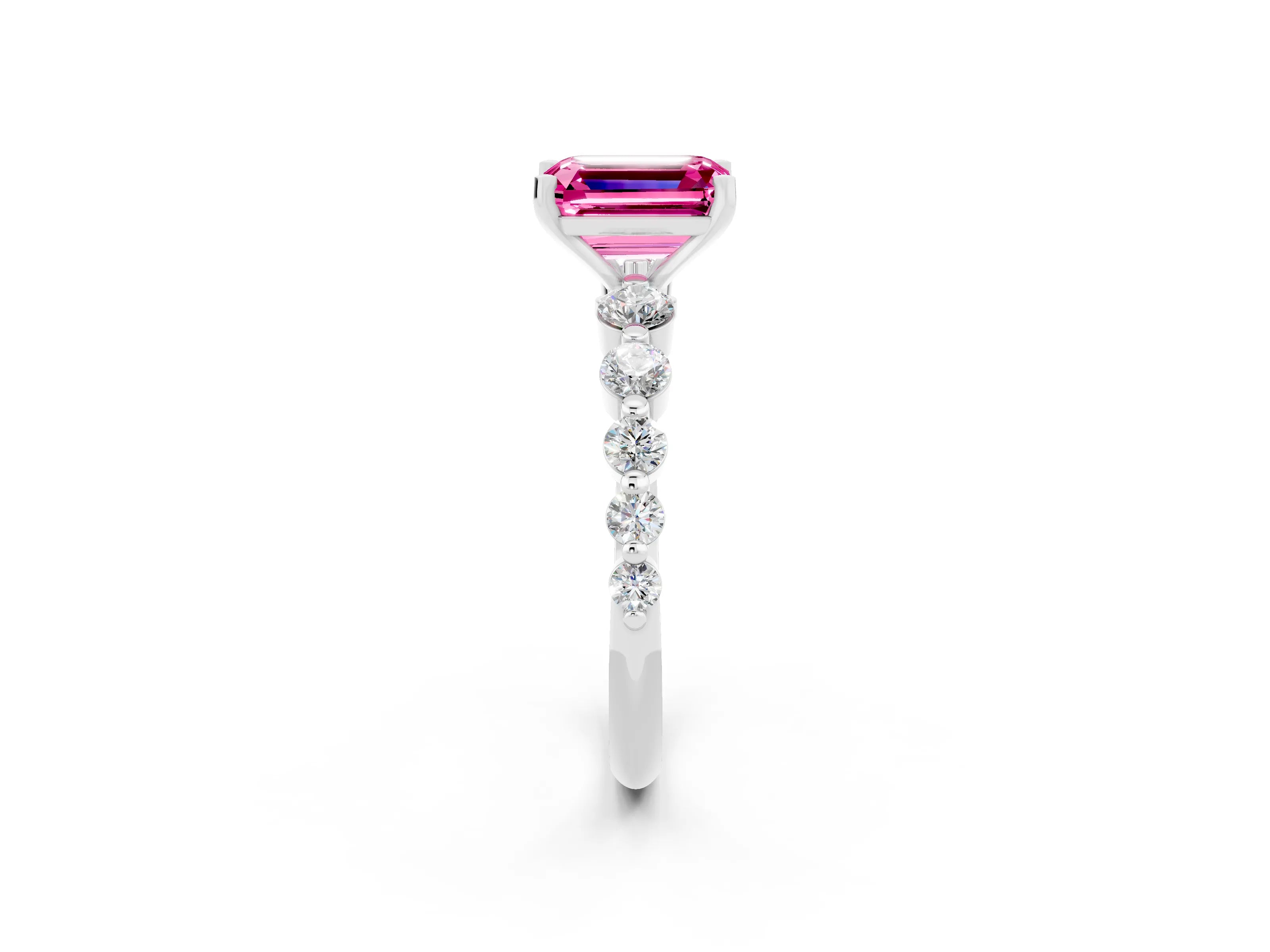 White gold Emerald Cut Solitaire Pink Sapphire Ring with Pave Band and Four-Prong Setting_26
