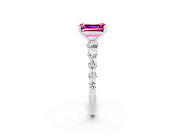 White gold Emerald Cut Solitaire Pink Sapphire Ring with Pave Band and Four-Prong Setting
