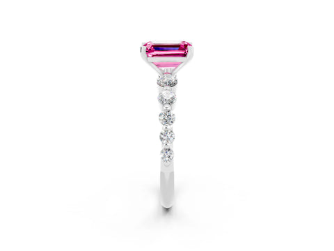 White gold Emerald Cut Solitaire Pink Sapphire Ring with Pave Band and Four-Prong Setting_26