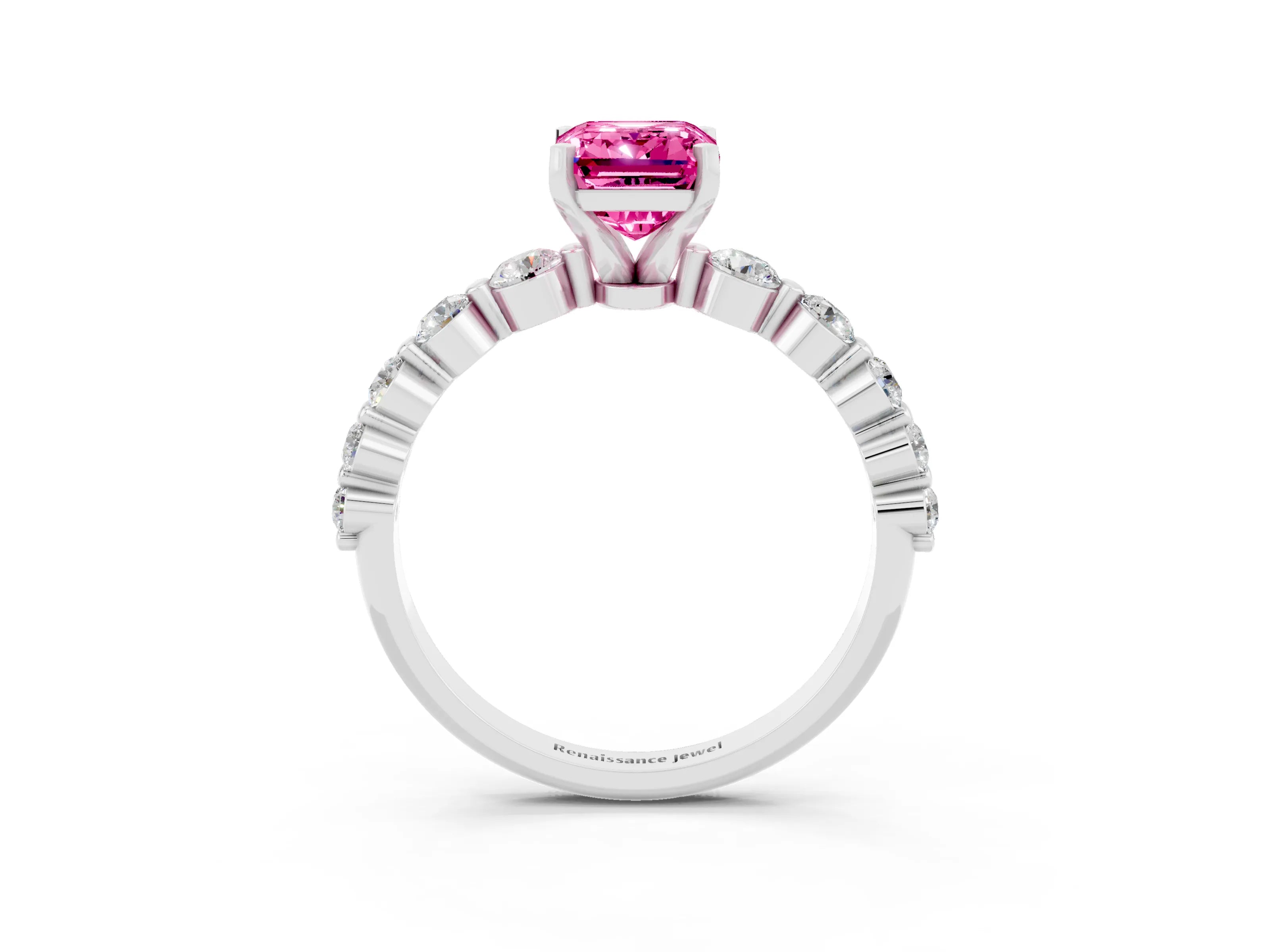 White gold Emerald Cut Solitaire Pink Sapphire Ring with Pave Band and Four-Prong Setting_27