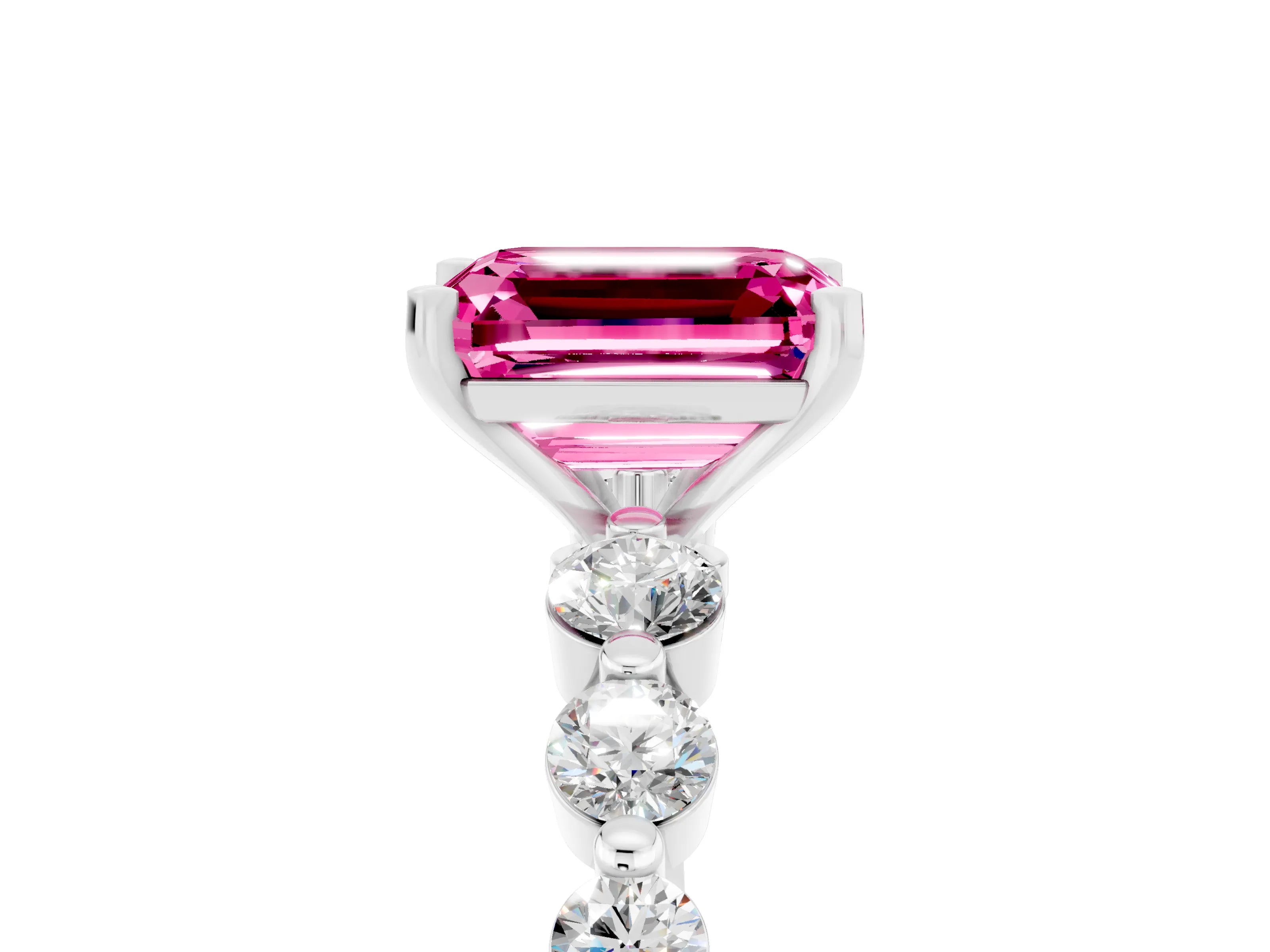 White gold Emerald Cut Solitaire Pink Sapphire Ring with Pave Band and Four-Prong Setting_29