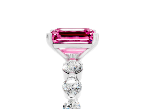 White gold Emerald Cut Solitaire Pink Sapphire Ring with Pave Band and Four-Prong Setting_29
