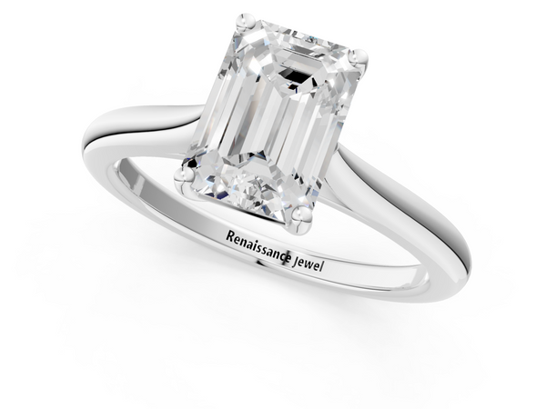 White gold Emerald Cut Solitaire Ring with Cathedral Band and Four-Prong Setting