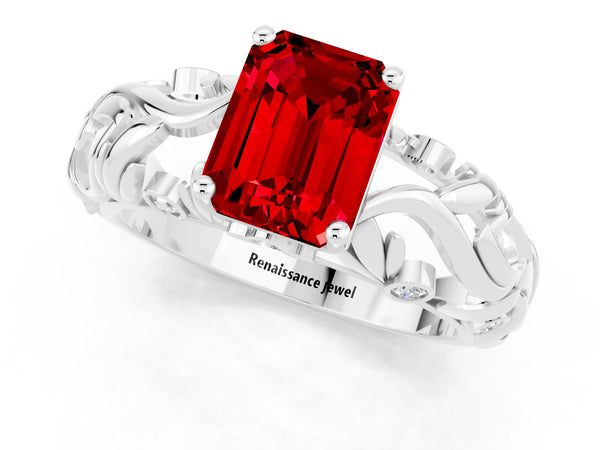 Silver Emerald Cut Solitaire Ruby Leaf-Inspired Vine Band Ring with Prong Setting