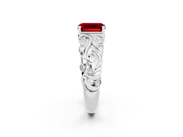 Platinum Emerald Cut Solitaire Ruby Leaf-Inspired Vine Band Ring with Prong Setting