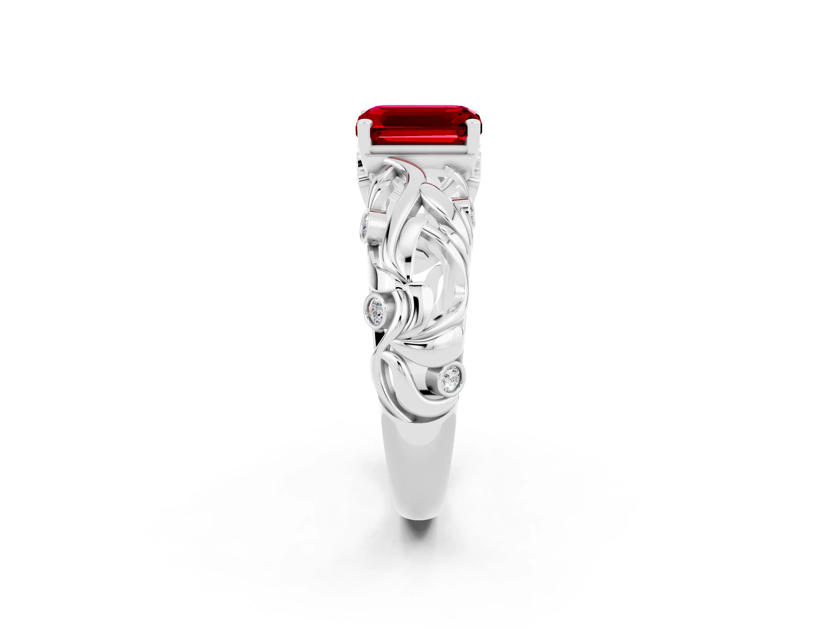 White gold Emerald Cut Solitaire Ruby Leaf-Inspired Vine Band Ring with Prong Setting_2
