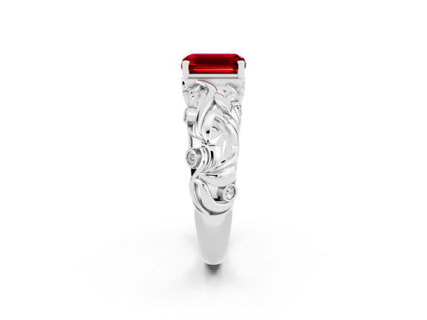 White gold Emerald Cut Solitaire Ruby Leaf-Inspired Vine Band Ring with Prong Setting_2