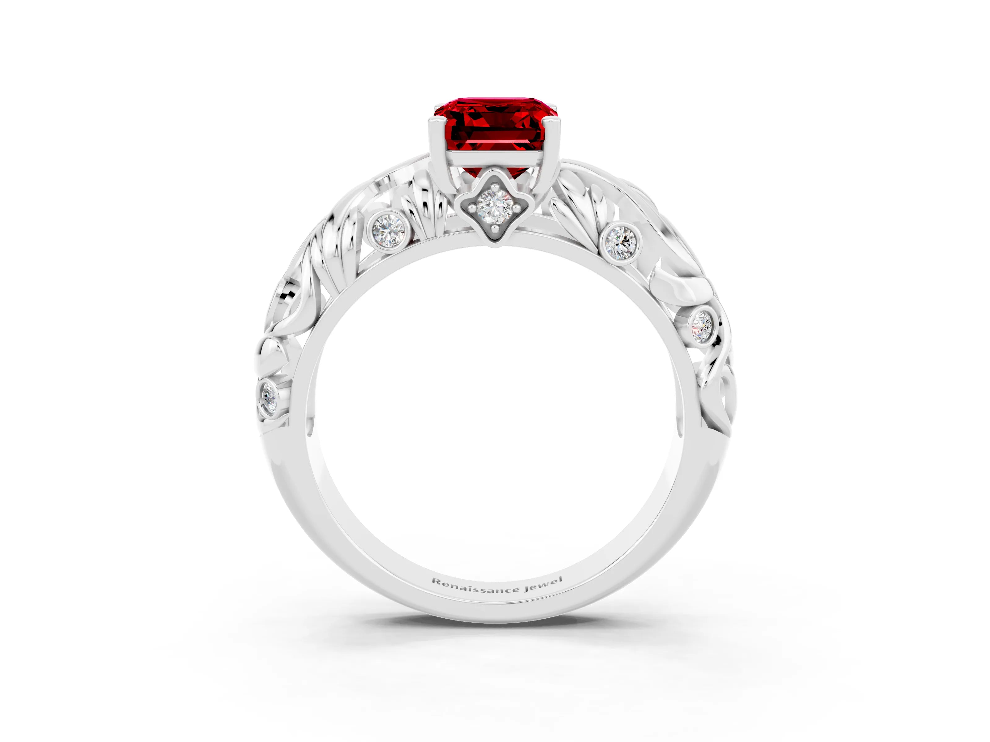 White gold Emerald Cut Solitaire Ruby Leaf-Inspired Vine Band Ring with Prong Setting_3