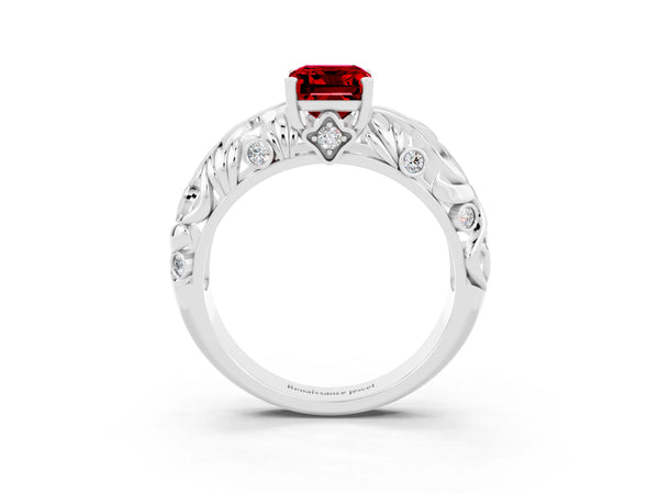 Platinum Emerald Cut Solitaire Ruby Leaf-Inspired Vine Band Ring with Prong Setting