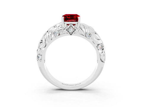 White gold Emerald Cut Solitaire Ruby Leaf-Inspired Vine Band Ring with Prong Setting_3