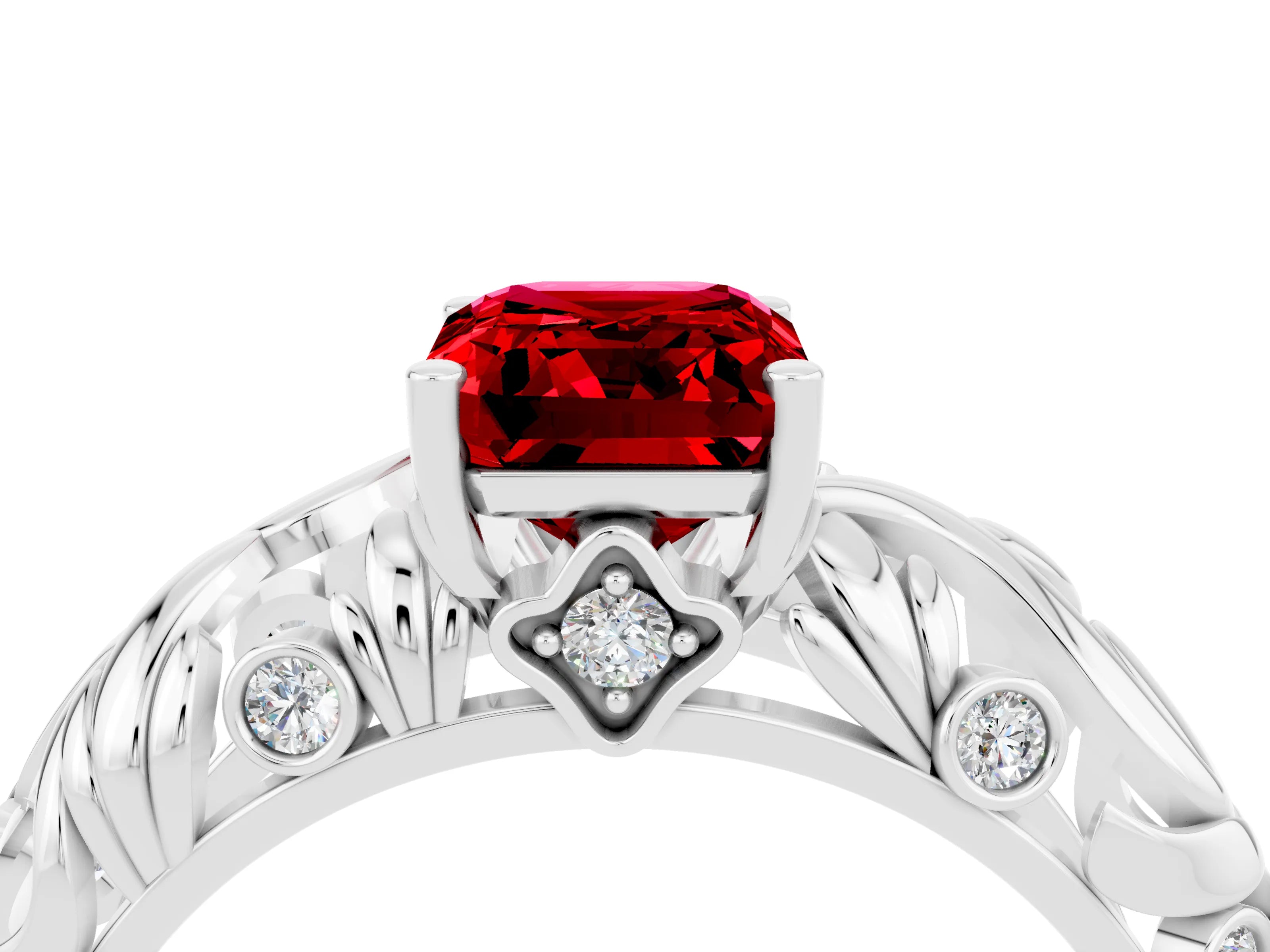 White gold Emerald Cut Solitaire Ruby Leaf-Inspired Vine Band Ring with Prong Setting_4