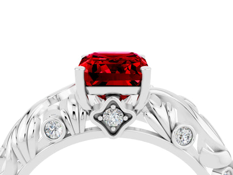 White gold Emerald Cut Solitaire Ruby Leaf-Inspired Vine Band Ring with Prong Setting_4