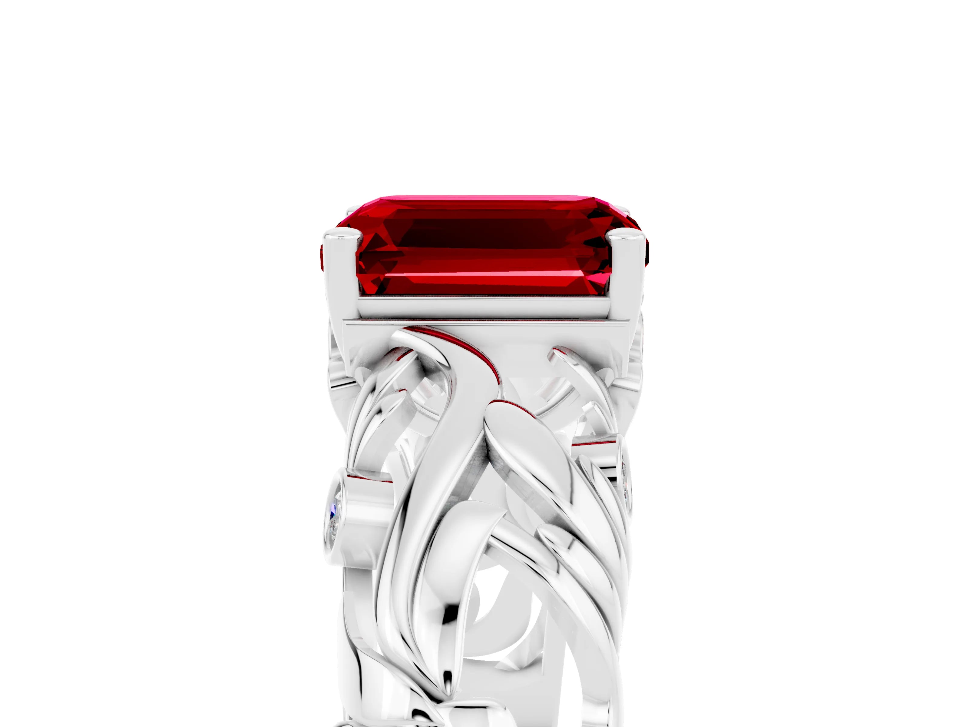 White gold Emerald Cut Solitaire Ruby Leaf-Inspired Vine Band Ring with Prong Setting_5
