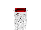 White gold Emerald Cut Solitaire Ruby Leaf-Inspired Vine Band Ring with Prong Setting_5