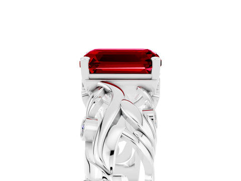 White gold Emerald Cut Solitaire Ruby Leaf-Inspired Vine Band Ring with Prong Setting_5