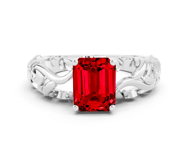 White gold Emerald Cut Solitaire Ruby Leaf-Inspired Vine Band Ring with Prong Setting