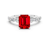 White gold Emerald Cut Solitaire Ruby Ring with Pave Band and Four-Prong Setting