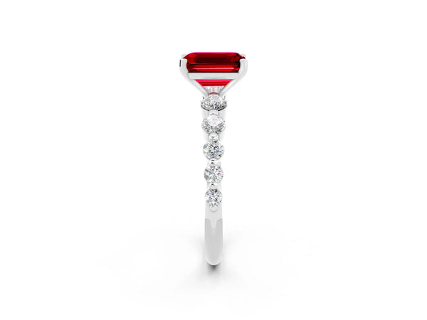 Platinum Emerald Cut Solitaire Ruby Ring with Pave Band and Four-Prong Setting