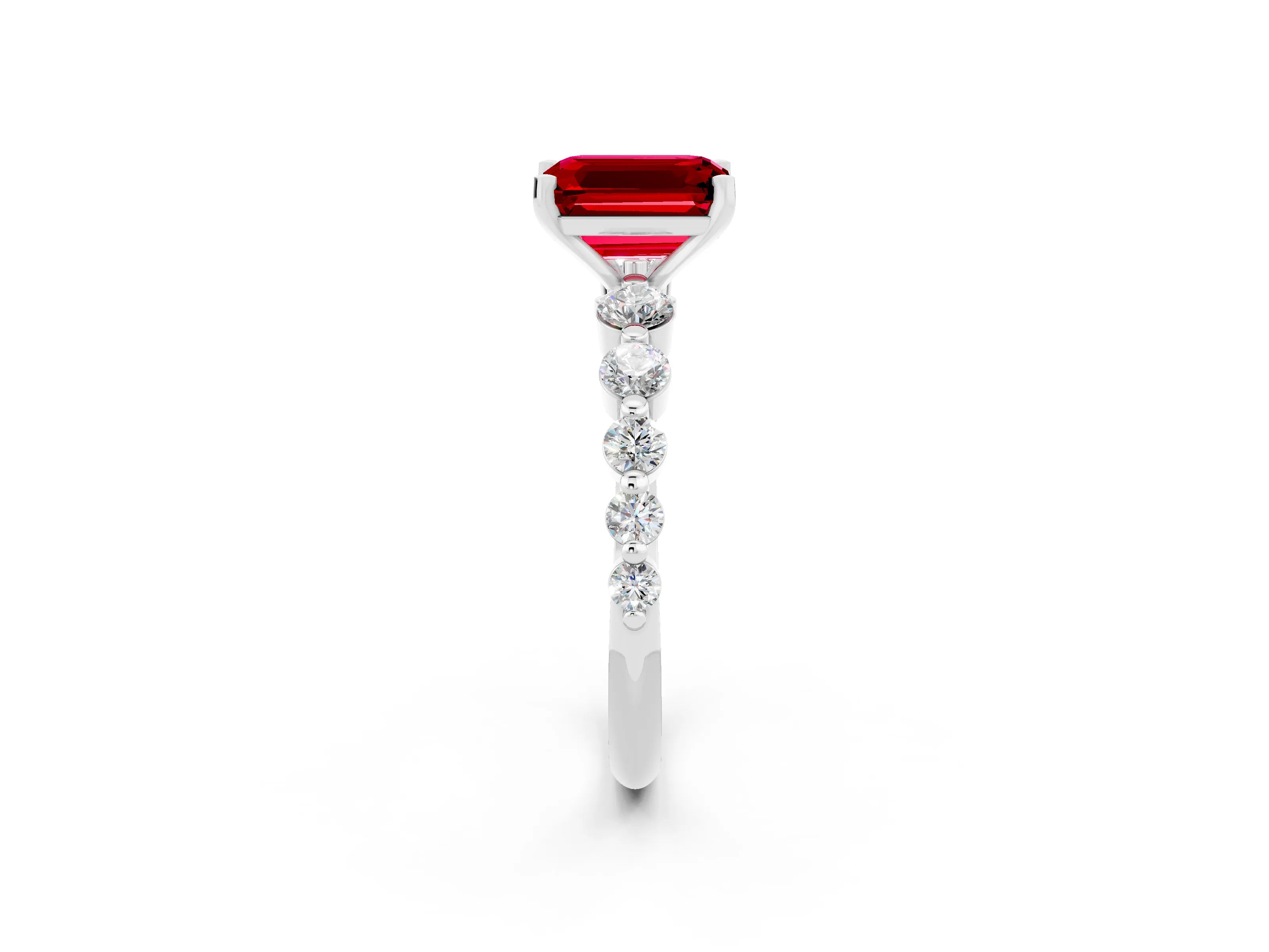 White gold Emerald Cut Solitaire Ruby Ring with Pave Band and Four-Prong Setting_2