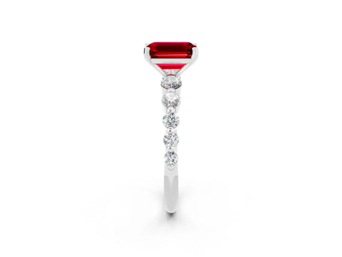White gold Emerald Cut Solitaire Ruby Ring with Pave Band and Four-Prong Setting_2
