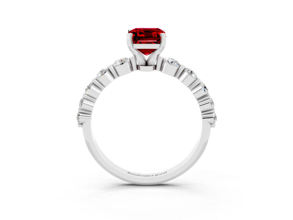 White gold Emerald Cut Solitaire Ruby Ring with Pave Band and Four-Prong Setting
