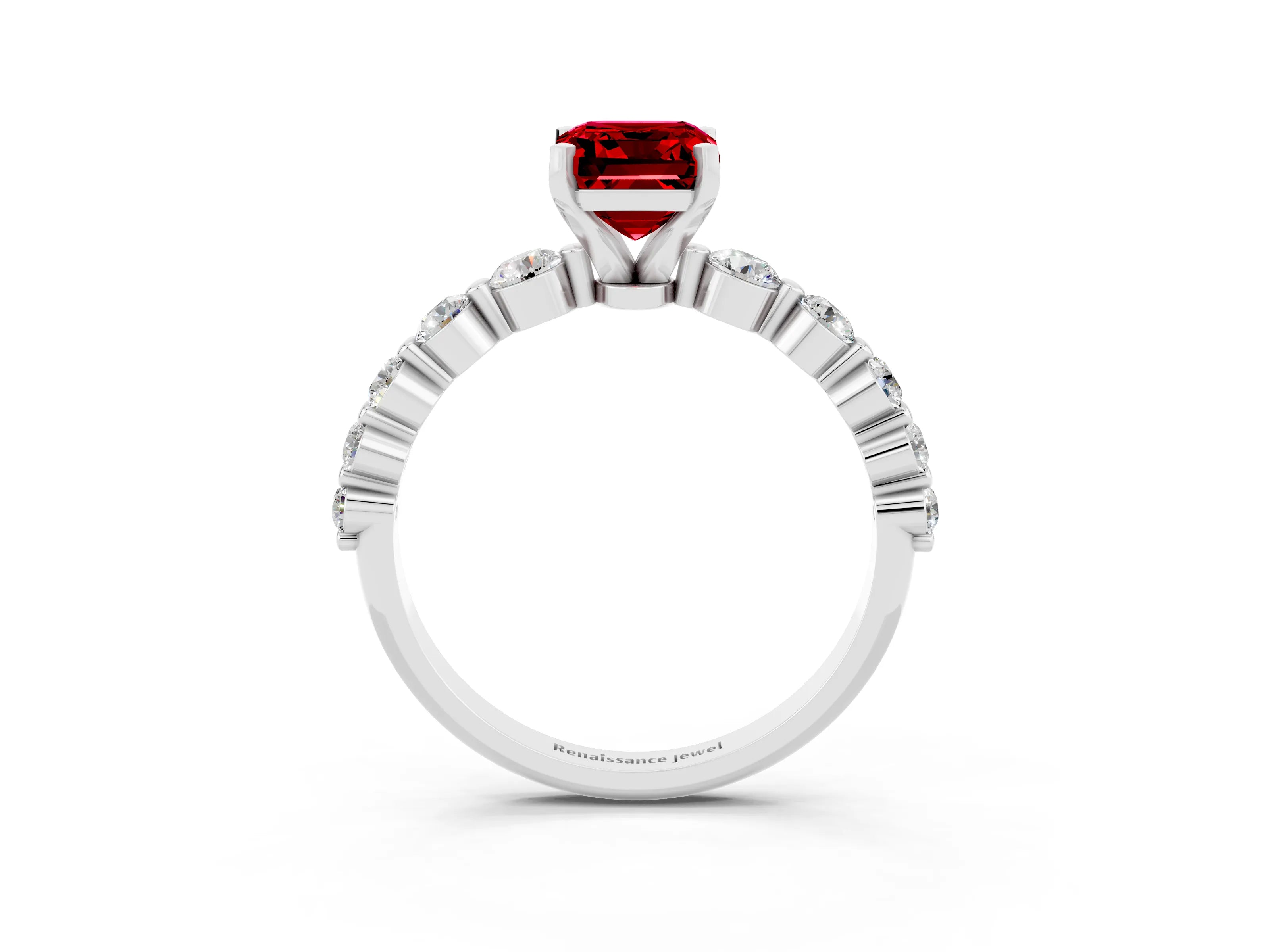 White gold Emerald Cut Solitaire Ruby Ring with Pave Band and Four-Prong Setting_3
