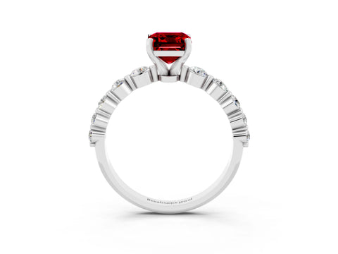 White gold Emerald Cut Solitaire Ruby Ring with Pave Band and Four-Prong Setting_3