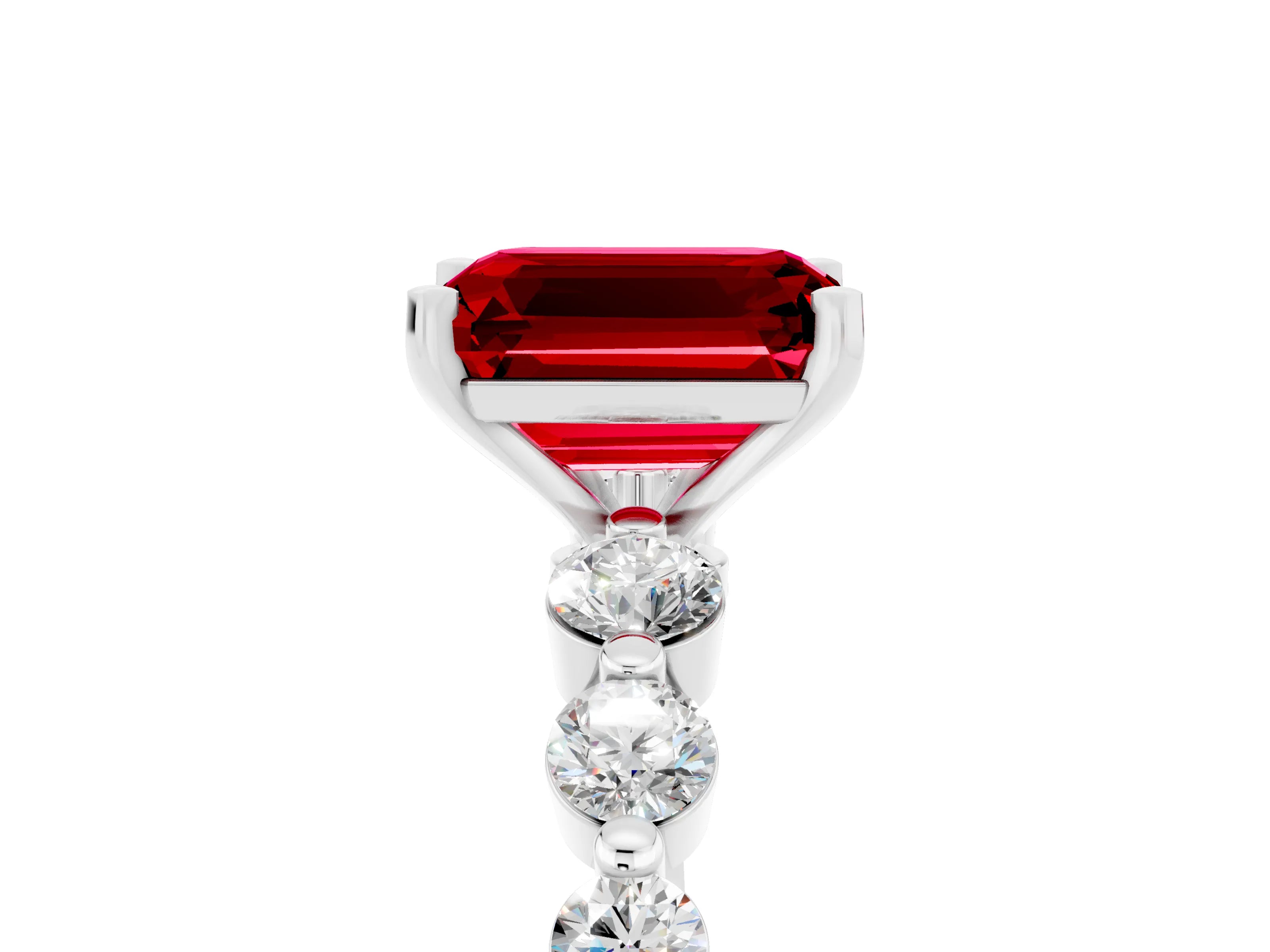 White gold Emerald Cut Solitaire Ruby Ring with Pave Band and Four-Prong Setting_5