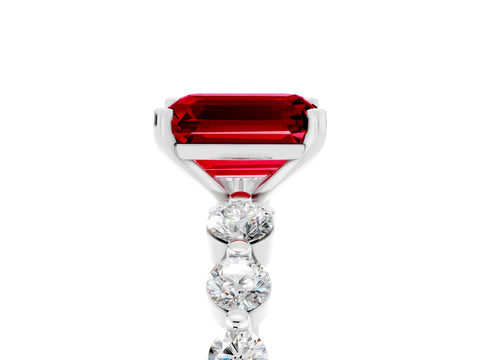 White gold Emerald Cut Solitaire Ruby Ring with Pave Band and Four-Prong Setting_5