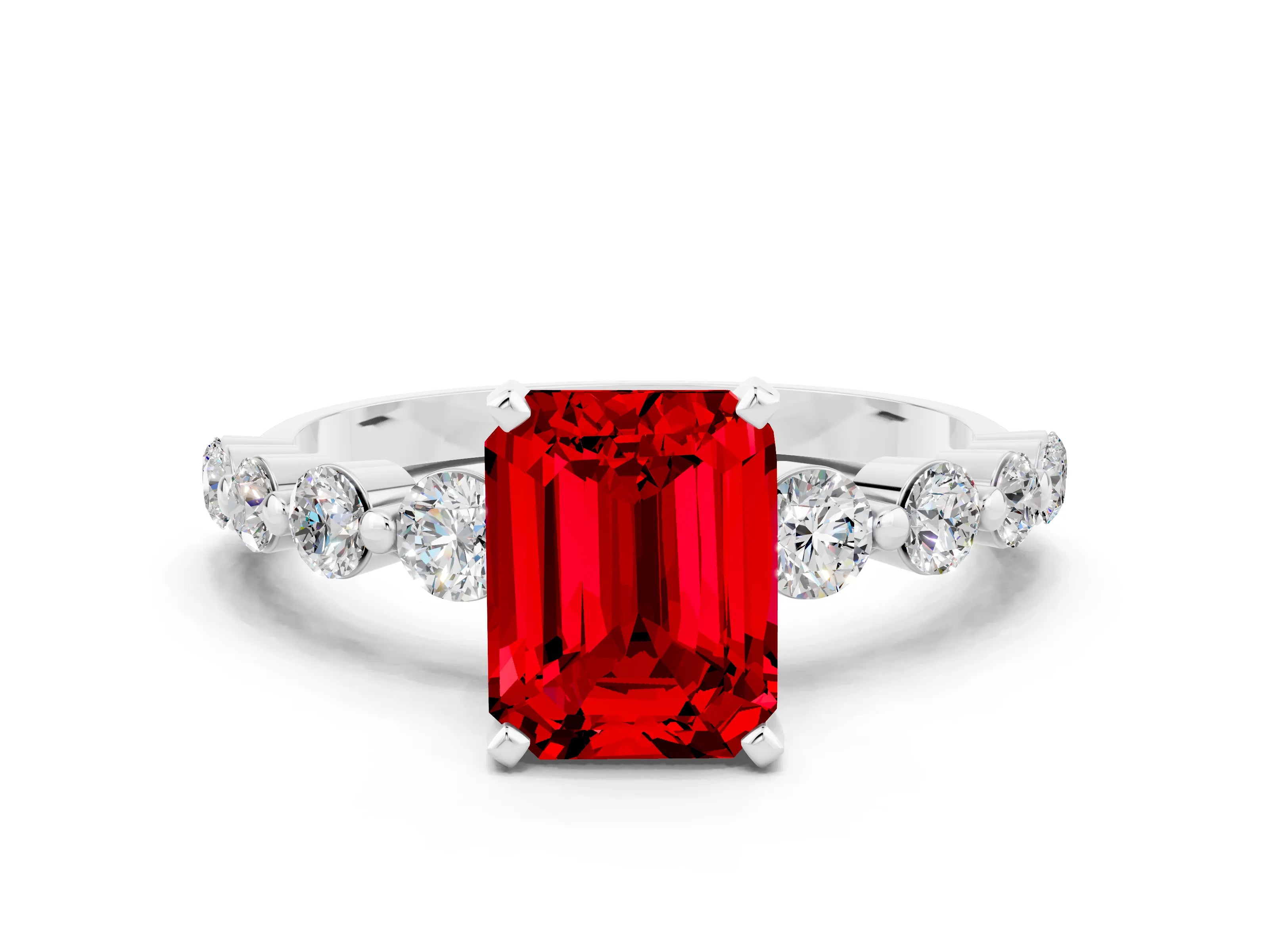 White gold Emerald Cut Solitaire Ruby Ring with Pave Band and Four-Prong Setting