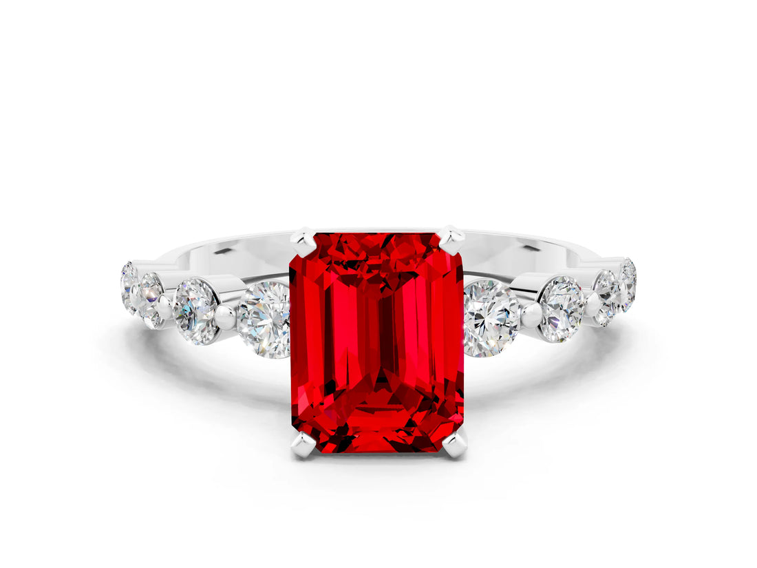 White gold Emerald Cut Solitaire Ruby Ring with Pave Band and Four-Prong Setting