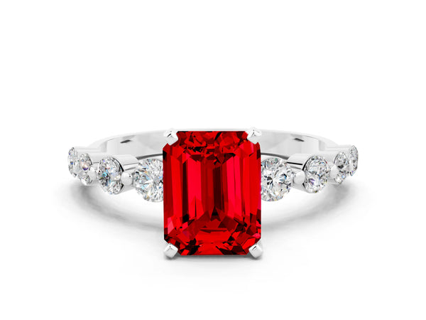 Silver Emerald Cut Solitaire Ruby Ring with Pave Band and Four-Prong Setting