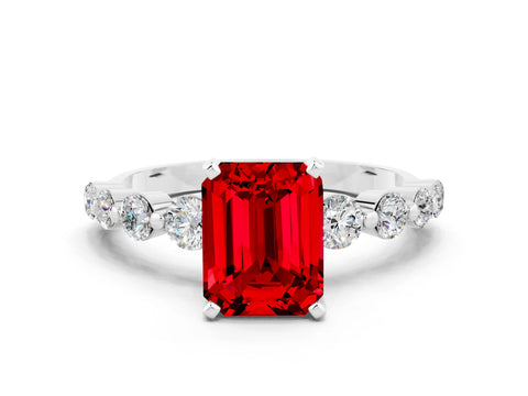 White gold Emerald Cut Solitaire Ruby Ring with Pave Band and Four-Prong Setting